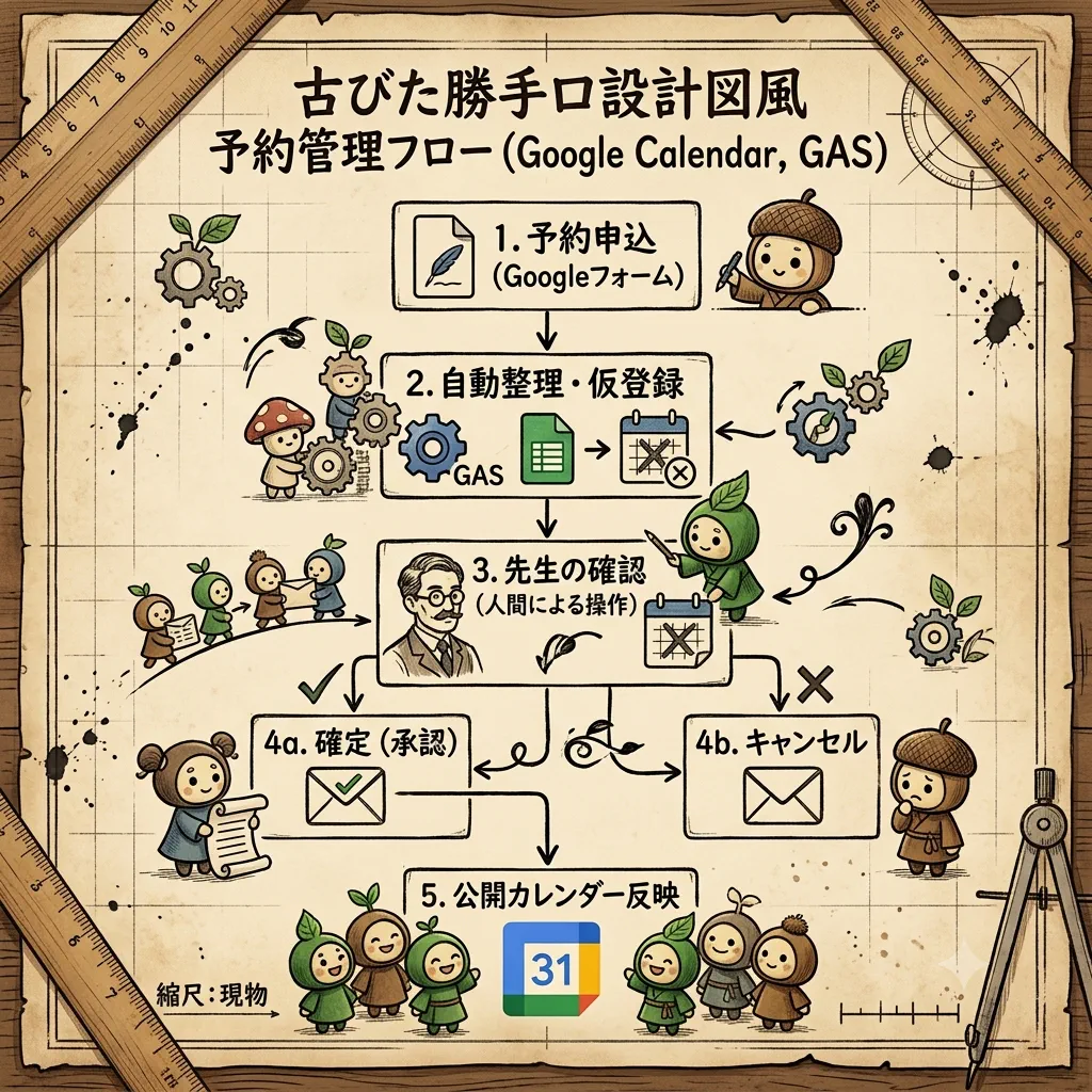 予約表と設計メモを眺める青年。
